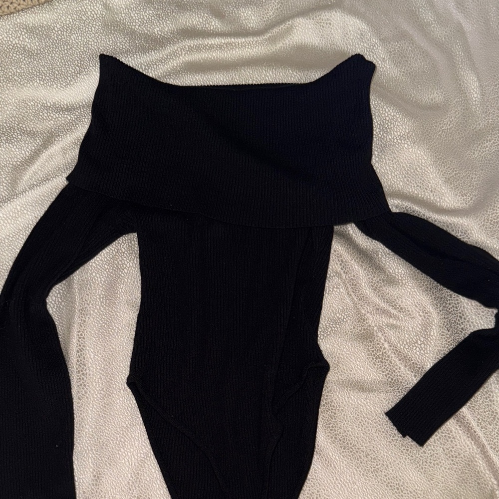 Boohoo Black Ribbed Off-Shoulder Bodysuit